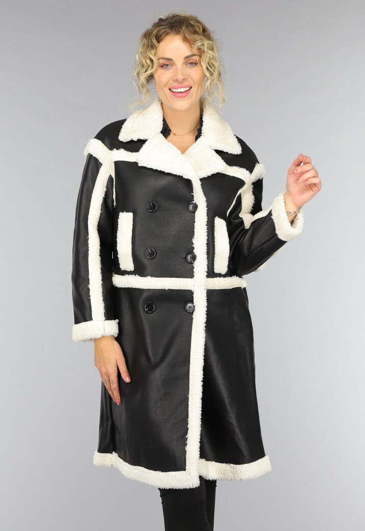 Zwarte Lange Lederlook Teddy Mantel Jas