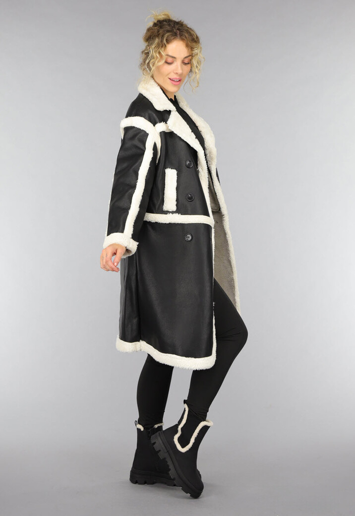 Zwarte Lange Lederlook Teddy Mantel Jas