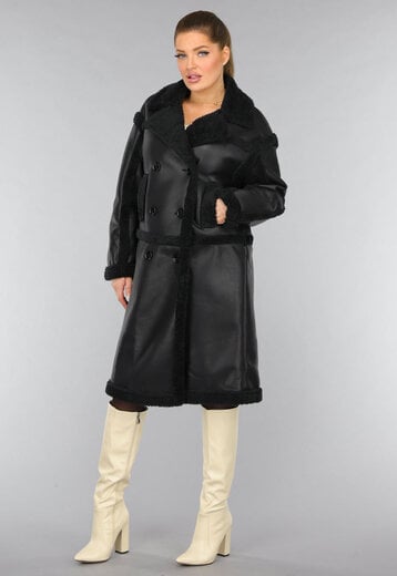 NEW0210 Lange Zwarte Lederlook Teddy Trenchcoat