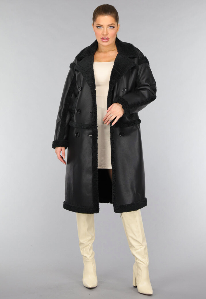 Lange Zwarte Lederlook Teddy Trenchcoat