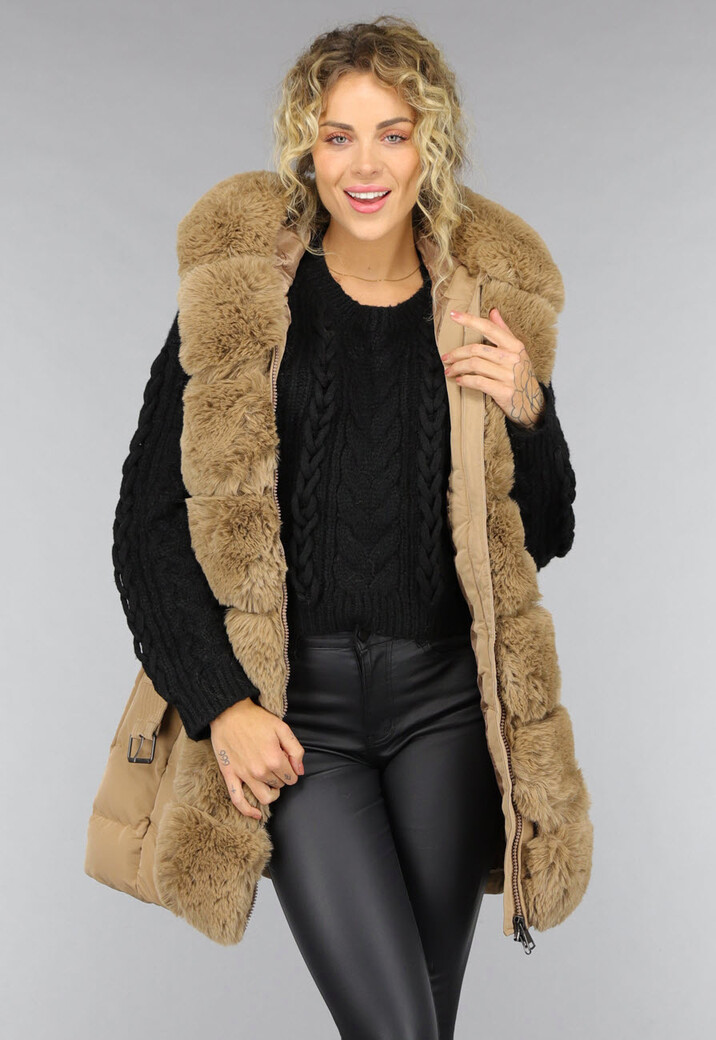 Lange Gewatteerde Camel Bodywarmer met Bont