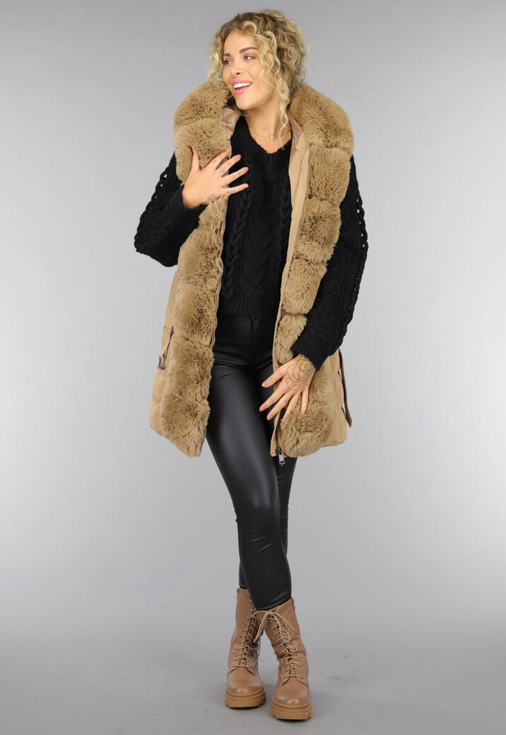 Lange Gewatteerde Camel Bodywarmer met Bont