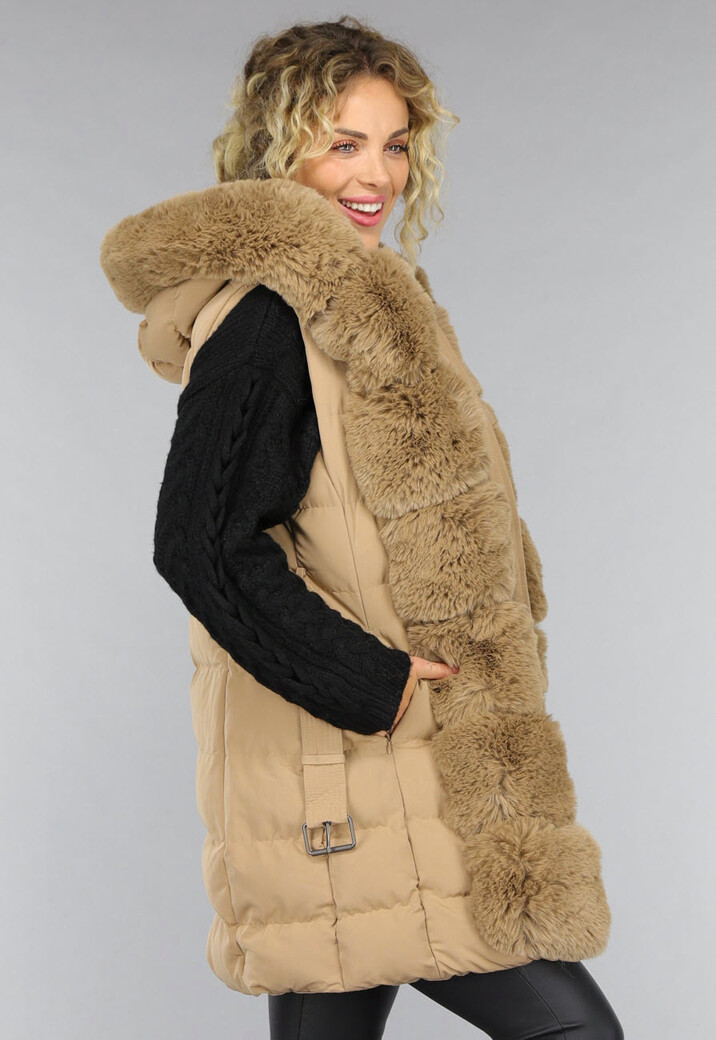 Lange Gewatteerde Camel Bodywarmer met Bont