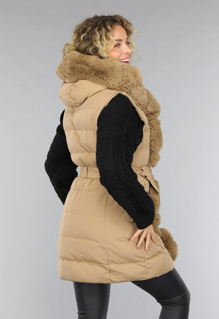 Lange Gewatteerde Camel Bodywarmer met Bont