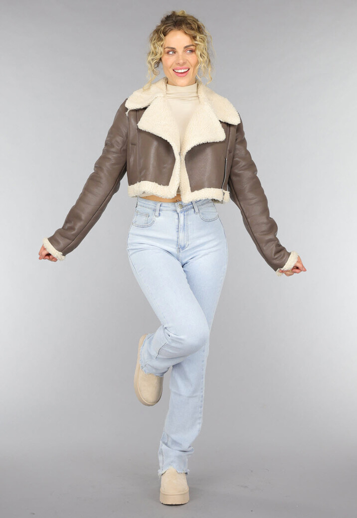 Cropped Taupe Lederlook Teddy Jasje