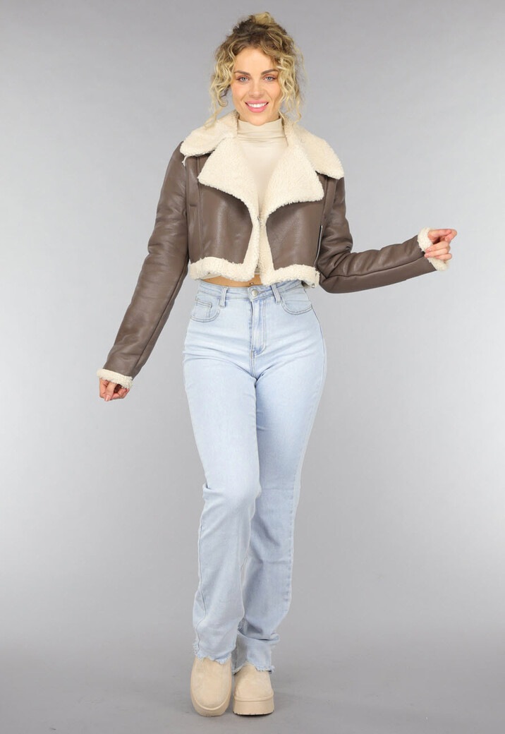 Cropped Taupe Lederlook Teddy Jasje