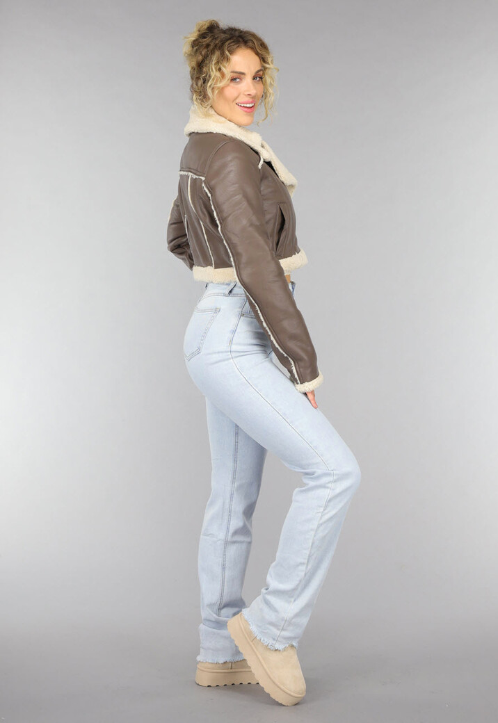 Cropped Taupe Lederlook Teddy Jasje