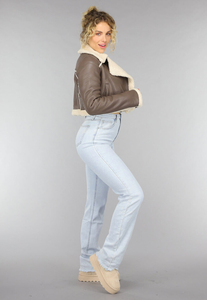 Cropped Taupe Lederlook Teddy Jasje