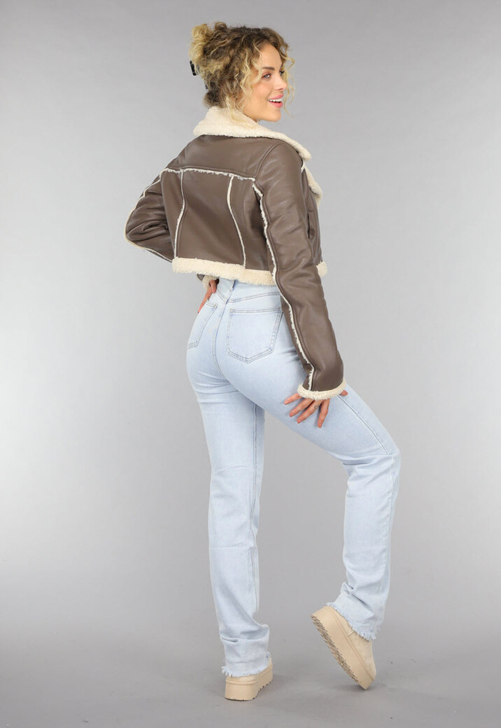 Cropped Taupe Lederlook Teddy Jasje