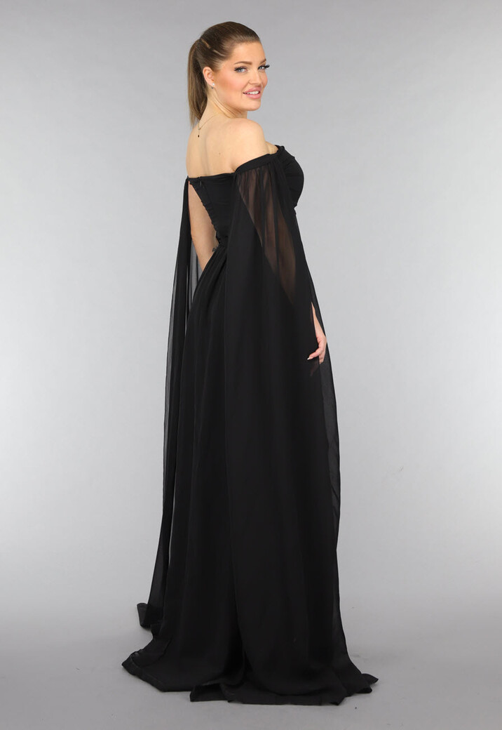 Padded Zwarte Galajurk met Lange Chiffon Mouwen