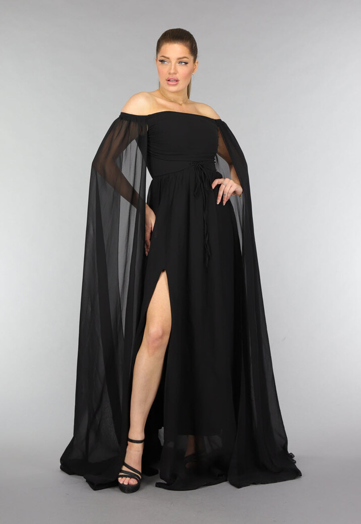 Padded Zwarte Galajurk met Lange Chiffon Mouwen