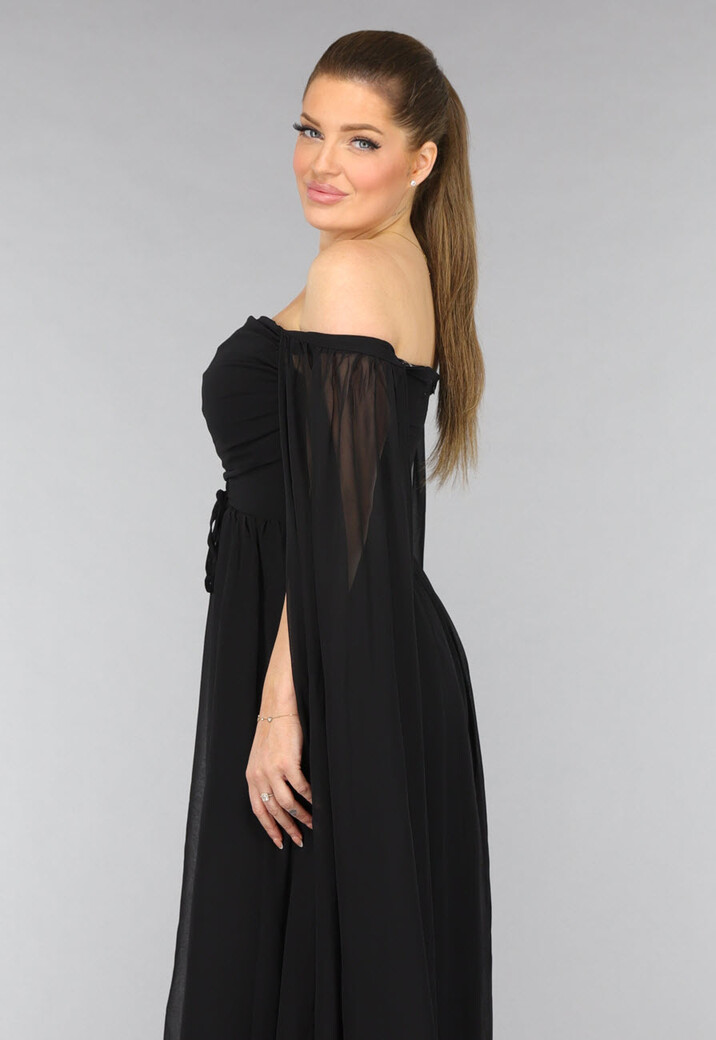 Padded Zwarte Galajurk met Lange Chiffon Mouwen