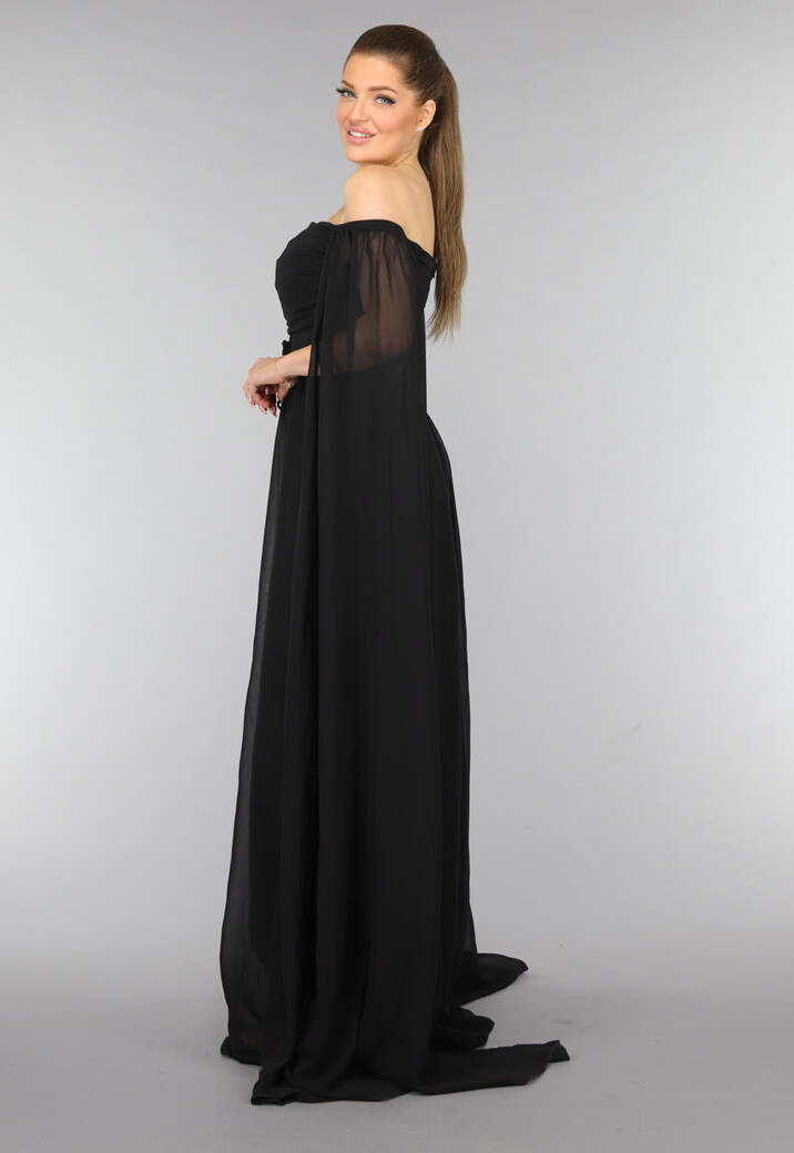 Padded Zwarte Galajurk met Lange Chiffon Mouwen