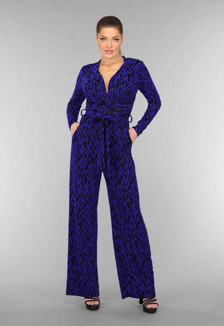 Elastische Blauwe Glitter Zigzag Jumpsuit