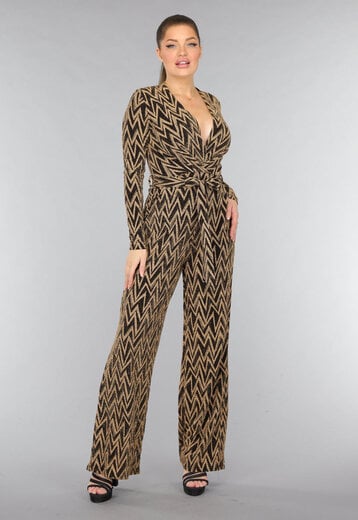 NEW0210 Stretch Gouden Zigzag Jumpsuit met Wide Leg