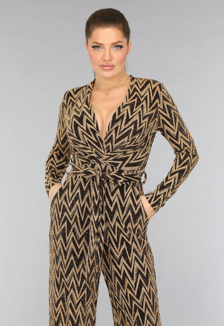 Stretch Gouden Zigzag Jumpsuit met Wide Leg