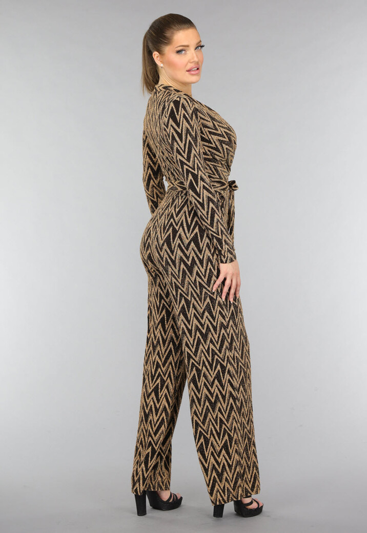 Stretch Gouden Zigzag Jumpsuit met Wide Leg
