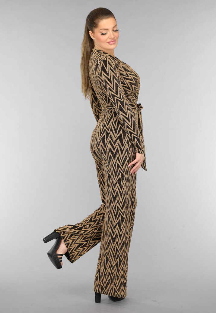 Stretch Gouden Zigzag Jumpsuit met Wide Leg