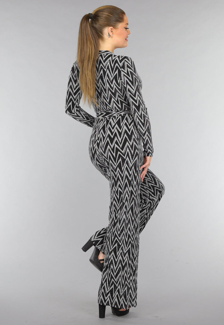 Stretch Jumpsuit met Zilveren Zigzag Glitters