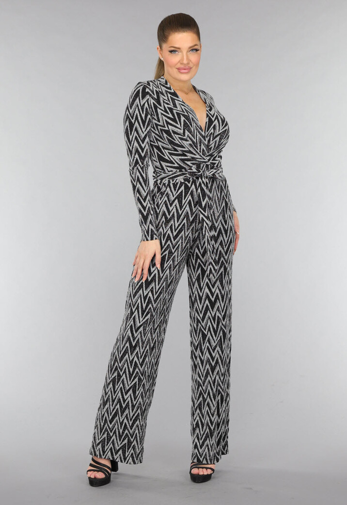 Stretch Jumpsuit met Zilveren Zigzag Glitters