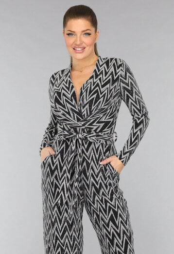 NEW0210 Stretch Jumpsuit met Zilveren Zigzag Glitters