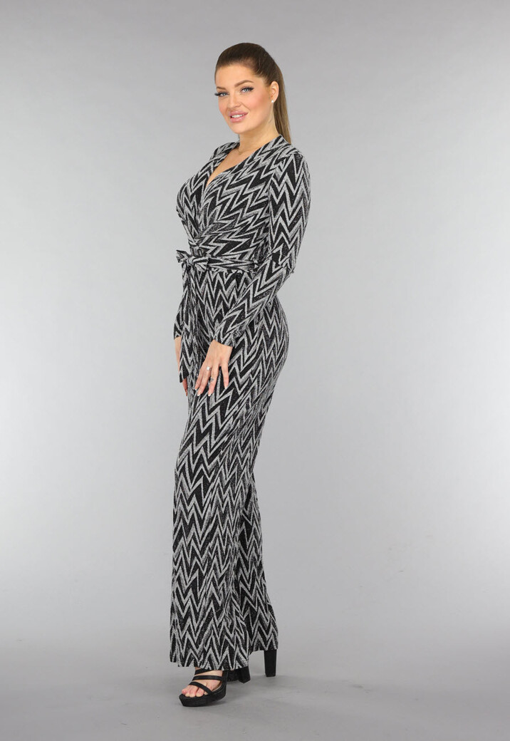 Stretch Jumpsuit met Zilveren Zigzag Glitters