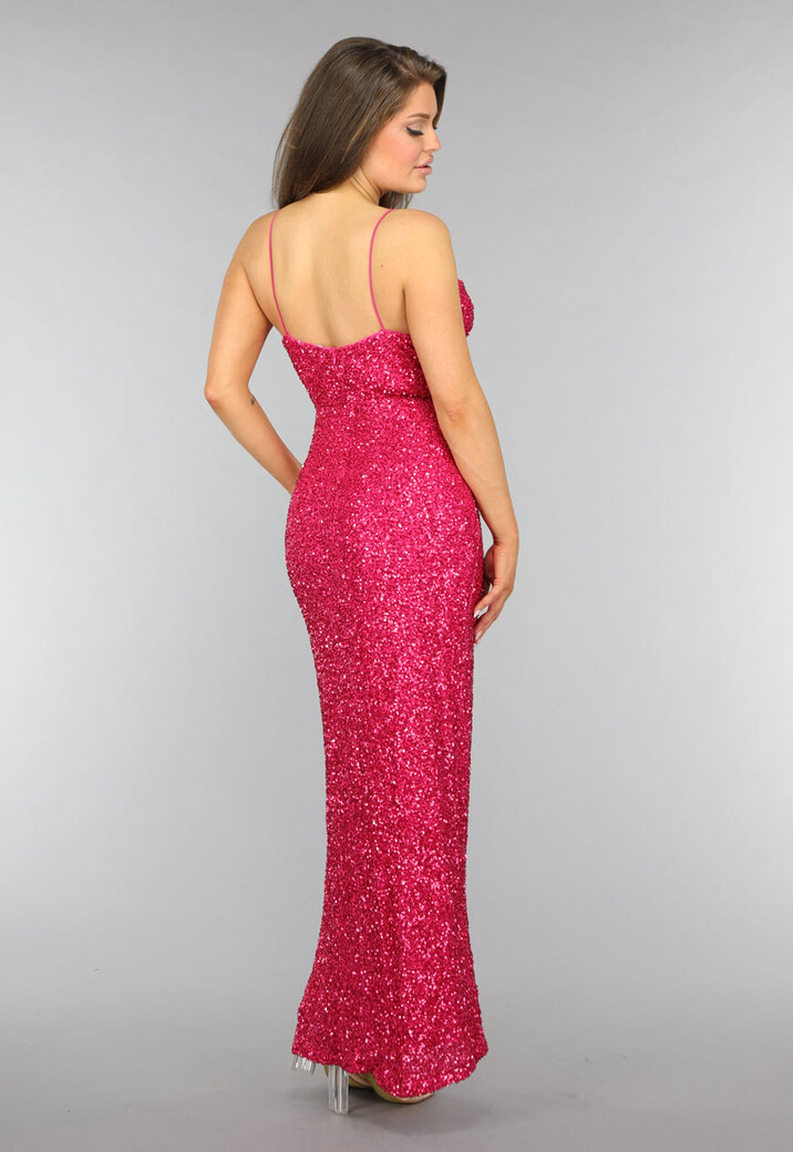 Roze Lange Pailletten Jurk met Split