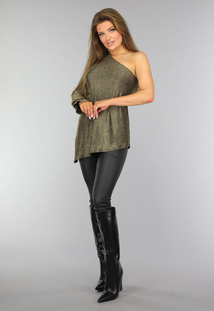 Gouden One Sleeve Glitter Top met Schoudervulling
