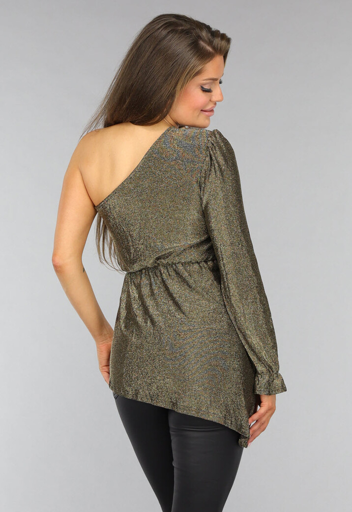 Gouden One Sleeve Glitter Top met Schoudervulling