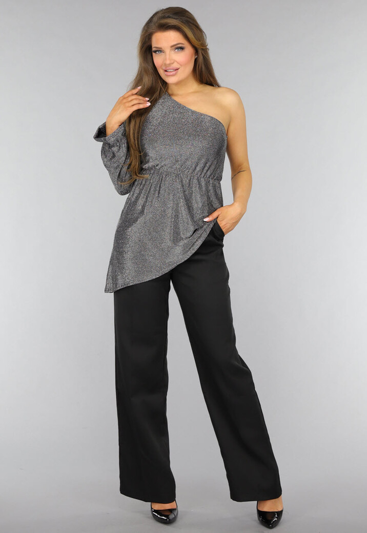 Zilveren Asymmetrische One Sleeve Glitter Top