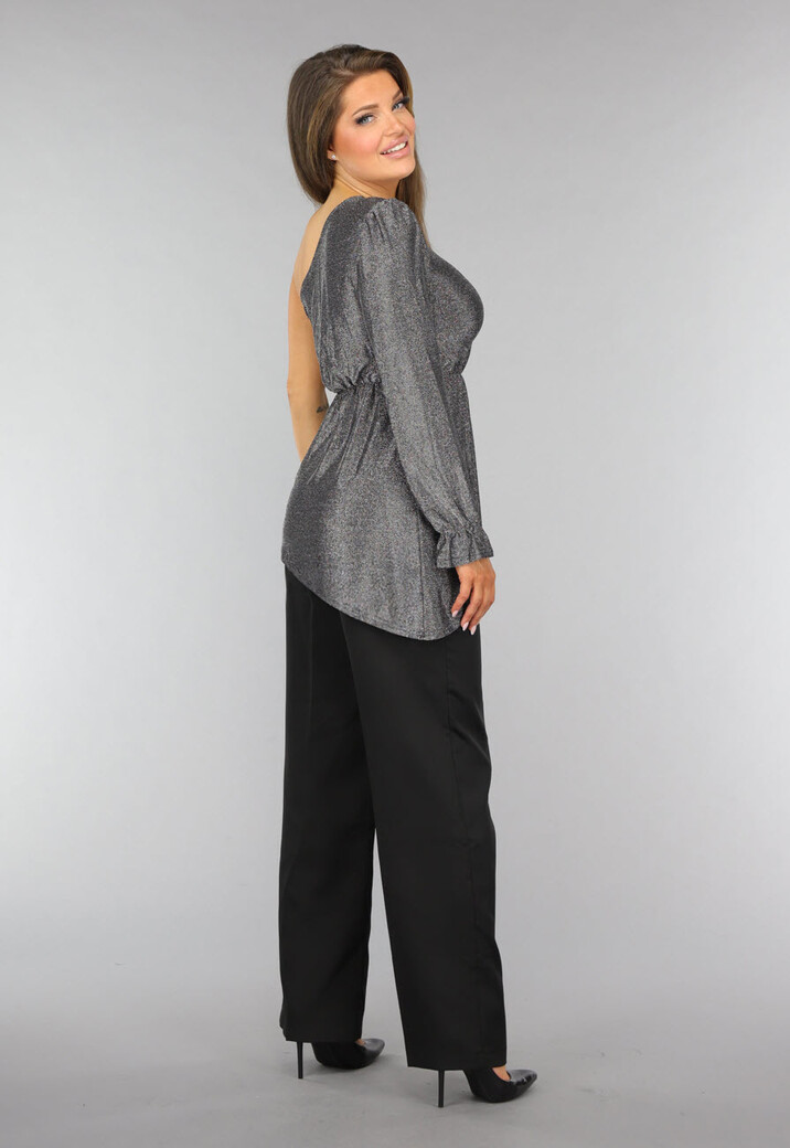 Zilveren Asymmetrische One Sleeve Glitter Top