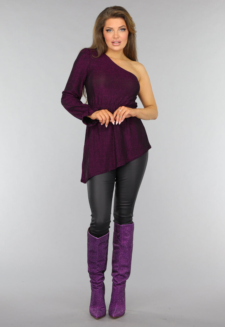 Paarse Glitter Top met One Sleeve