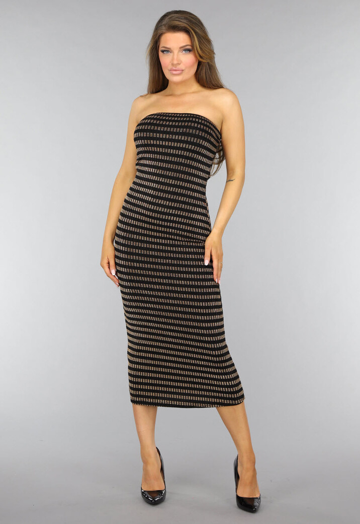 Gouden Gestreepte Strapless Midi Jurk
