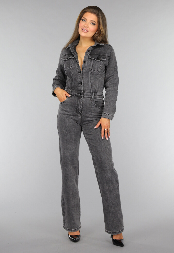 Grijze Straight Leg Denim Jumpsuit
