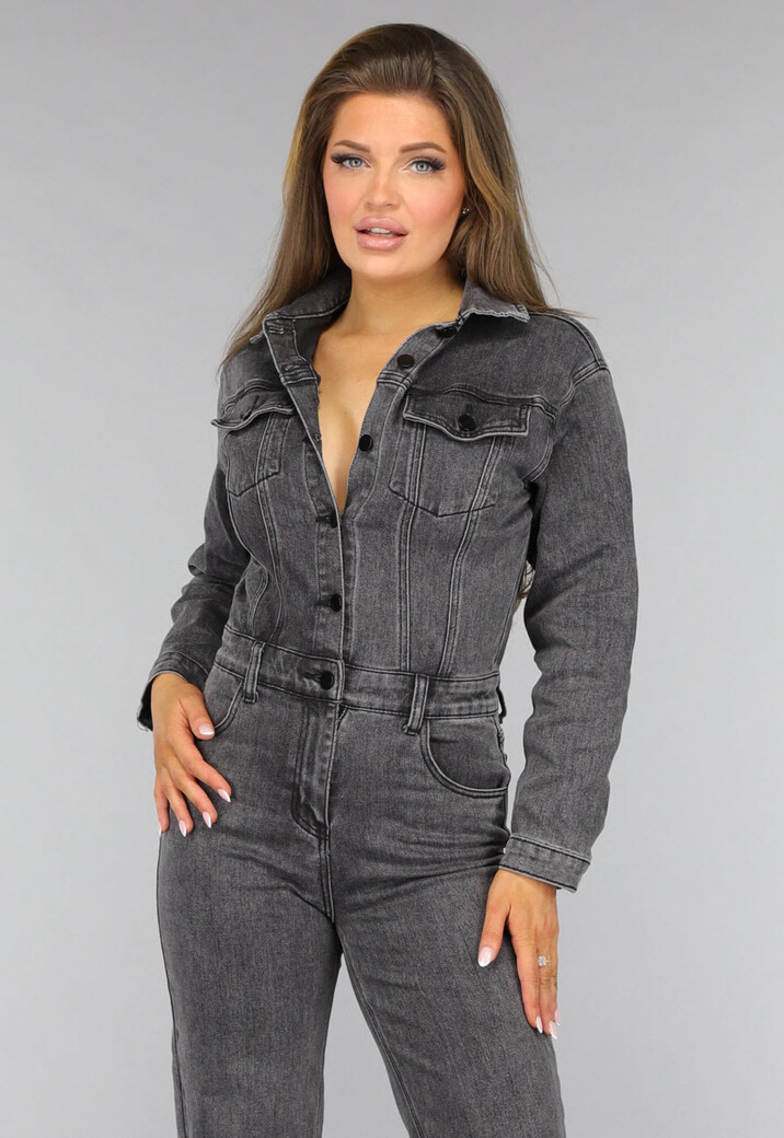 Grijze Straight Leg Denim Jumpsuit