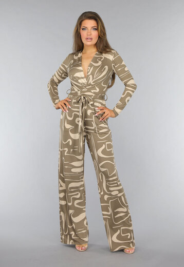 Beige Jumpsuit met Grafisch Patroon