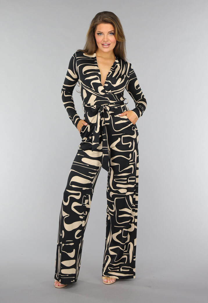 Zwarte Jumpsuit met Beige Patroon en Ceintuur