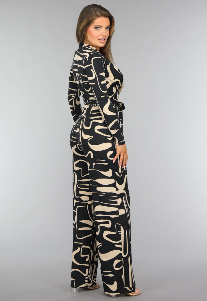 Zwarte Jumpsuit met Beige Patroon en Ceintuur