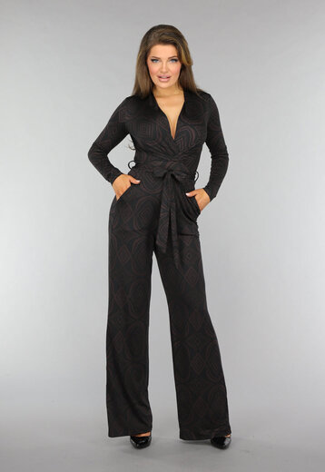Donkerbruine Wide Leg Jumpsuit met Ruit Patroon