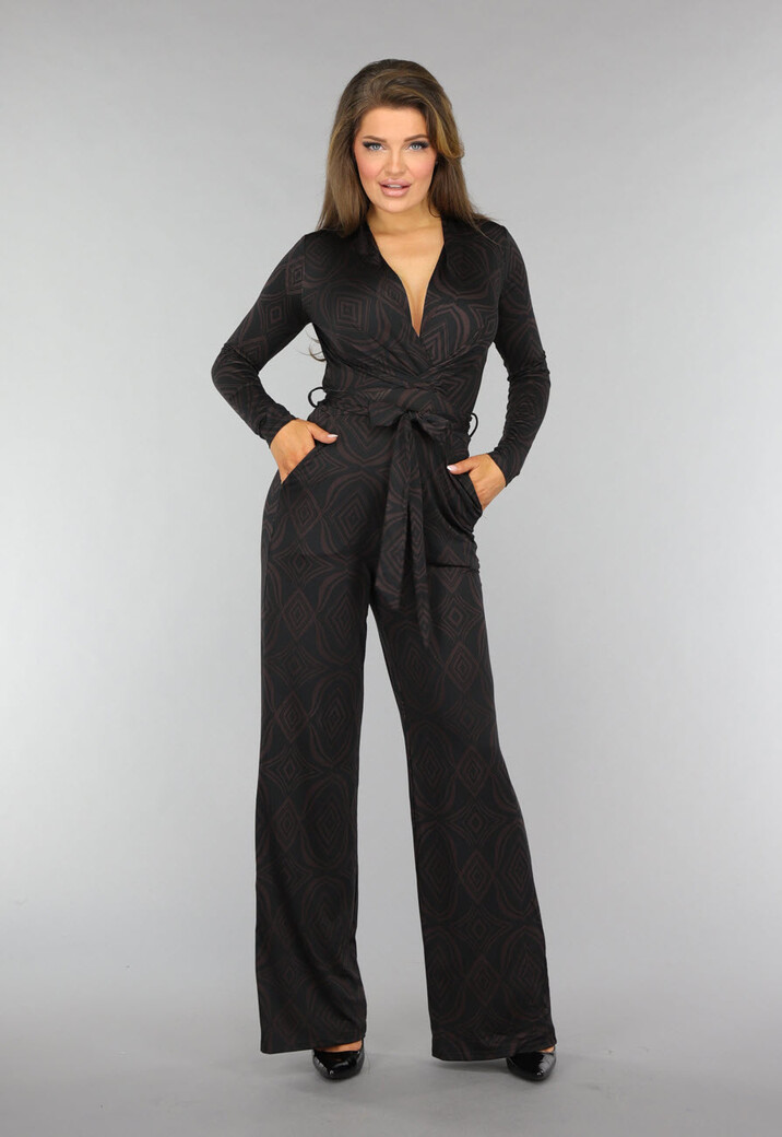 Donkerbruine Wide Leg Jumpsuit met Ruit Patroon