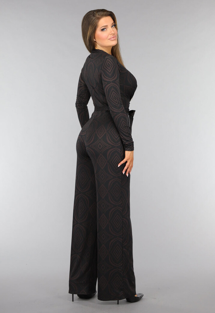 Donkerbruine Wide Leg Jumpsuit met Ruit Patroon