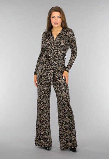 Zwarte Overslag Jumpsuit met Bruin Ruit Patroon