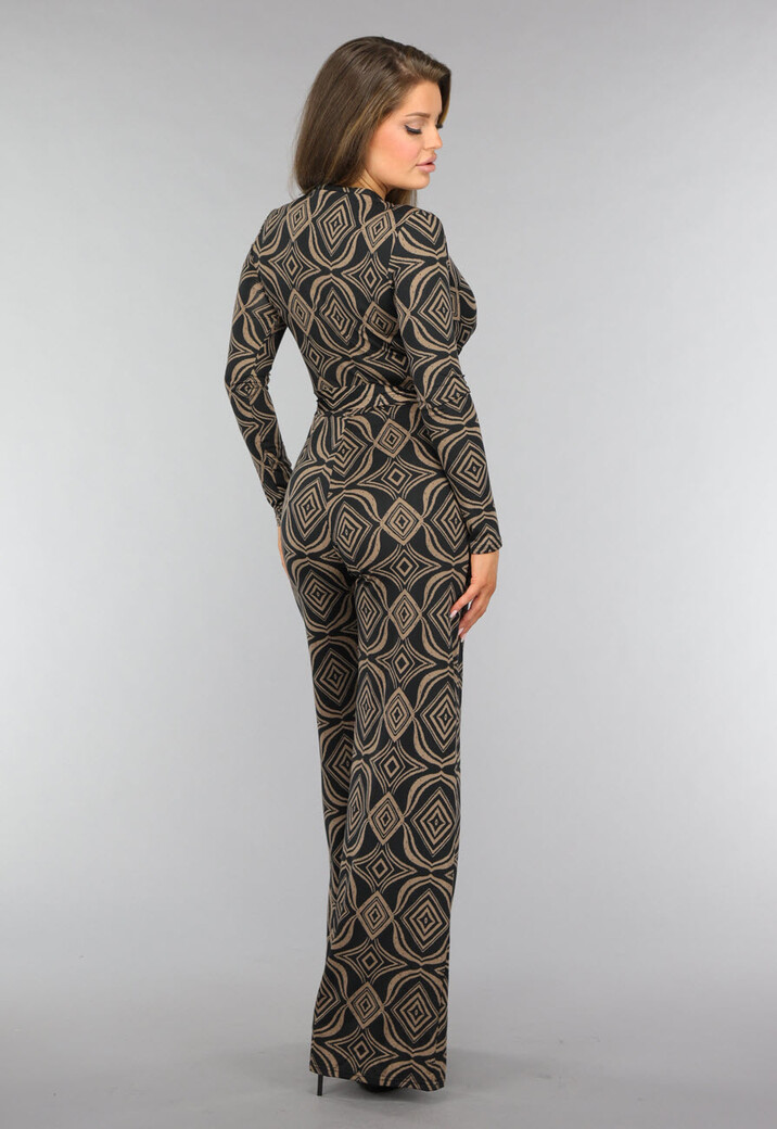 Zwarte Overslag Jumpsuit met Bruin Ruit Patroon