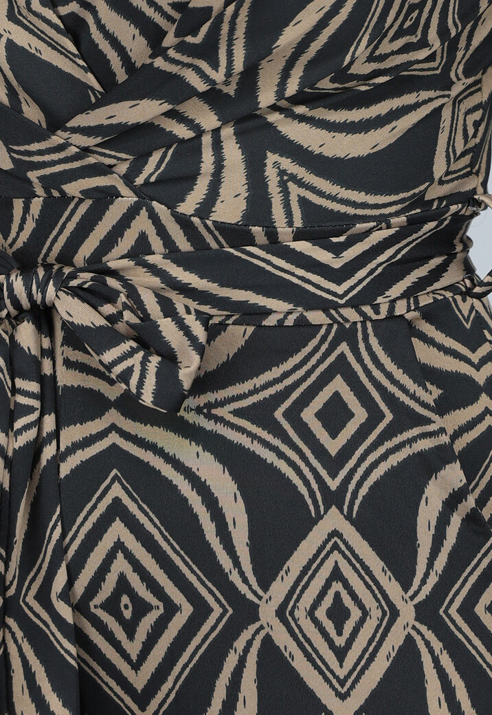 Zwarte Overslag Jumpsuit met Bruin Ruit Patroon