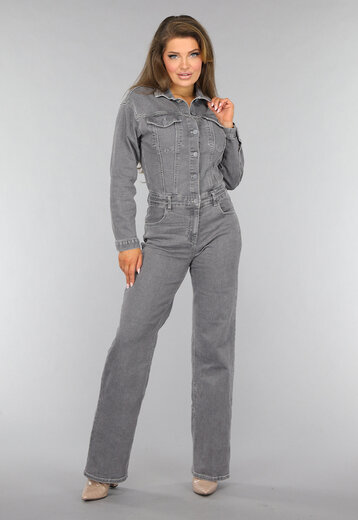 Lichtgrijze Denim Jumpsuit met Stretch