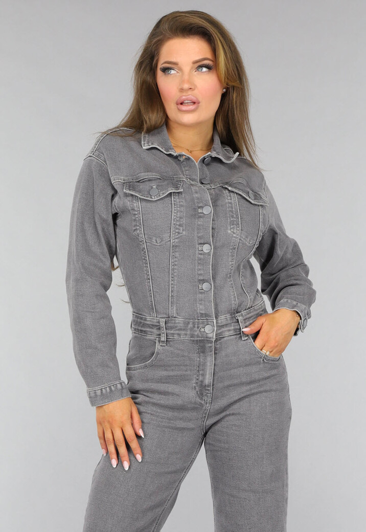 Lichtgrijze Denim Jumpsuit met Stretch
