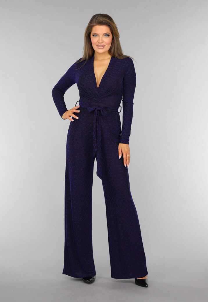 Blauwe Glitter Jumpsuit met Tailleband