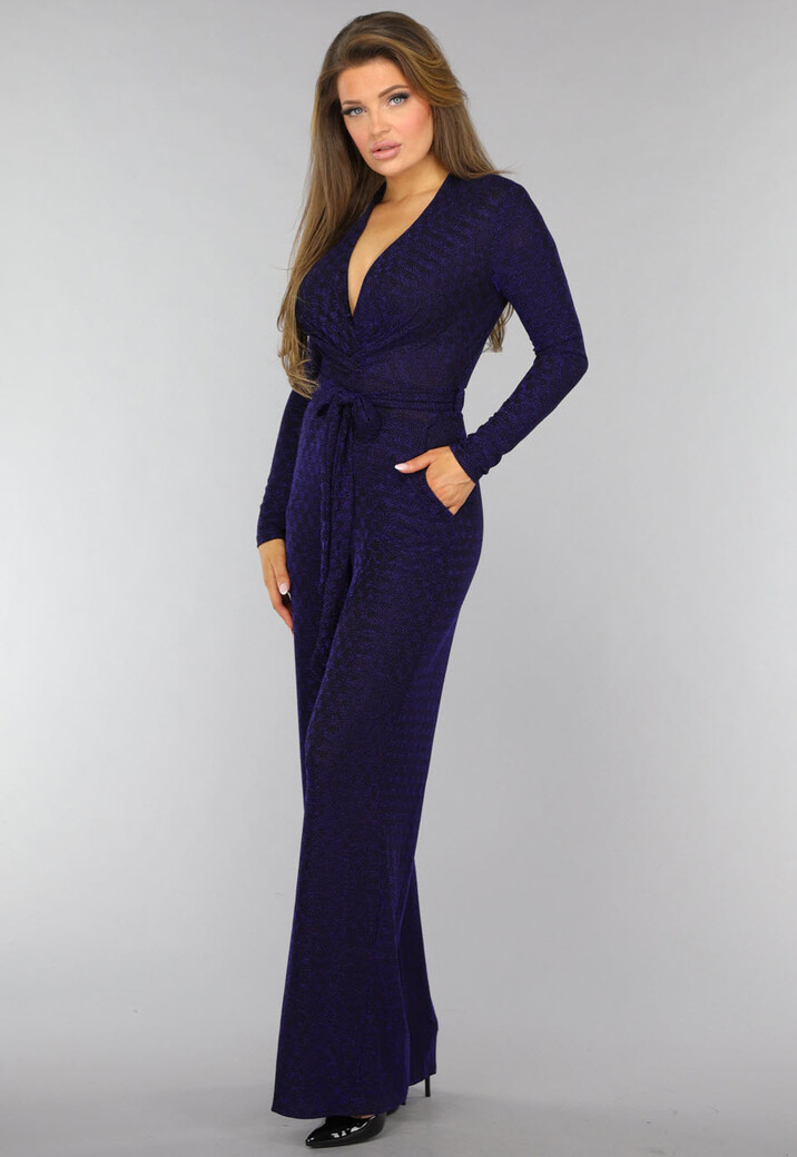 Blauwe Glitter Jumpsuit met Tailleband