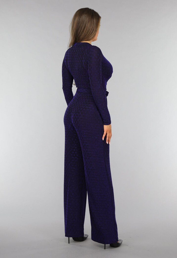 Blauwe Glitter Jumpsuit met Tailleband