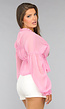 Roze Doorschijnende Blouse met Strikdetail